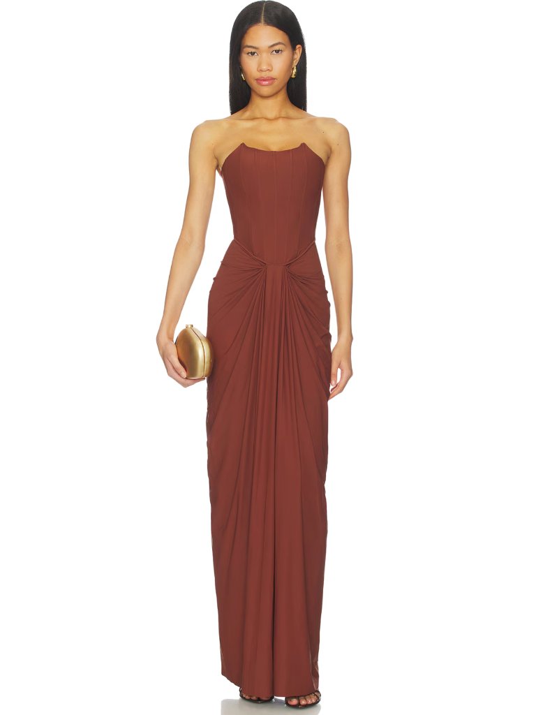 Deme By Gabriella Pearl Maxi Dress In Mocha Brown Strapless Bustier Corset Gown